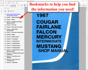 Screenshot of USB clamshell of 1967 Cougar Falcon Fairlane Mercury and Mustang Intermediate Shop Manual on PDF